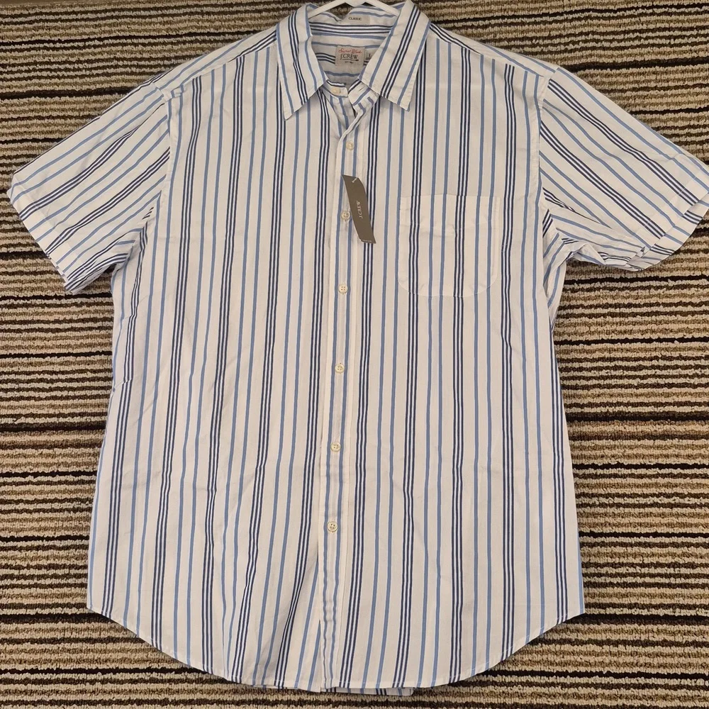 J CREW Secret Wash White Blue Striped Cotton Mens Large Short Sleeve Shirt NEW - Picture 8 of 9